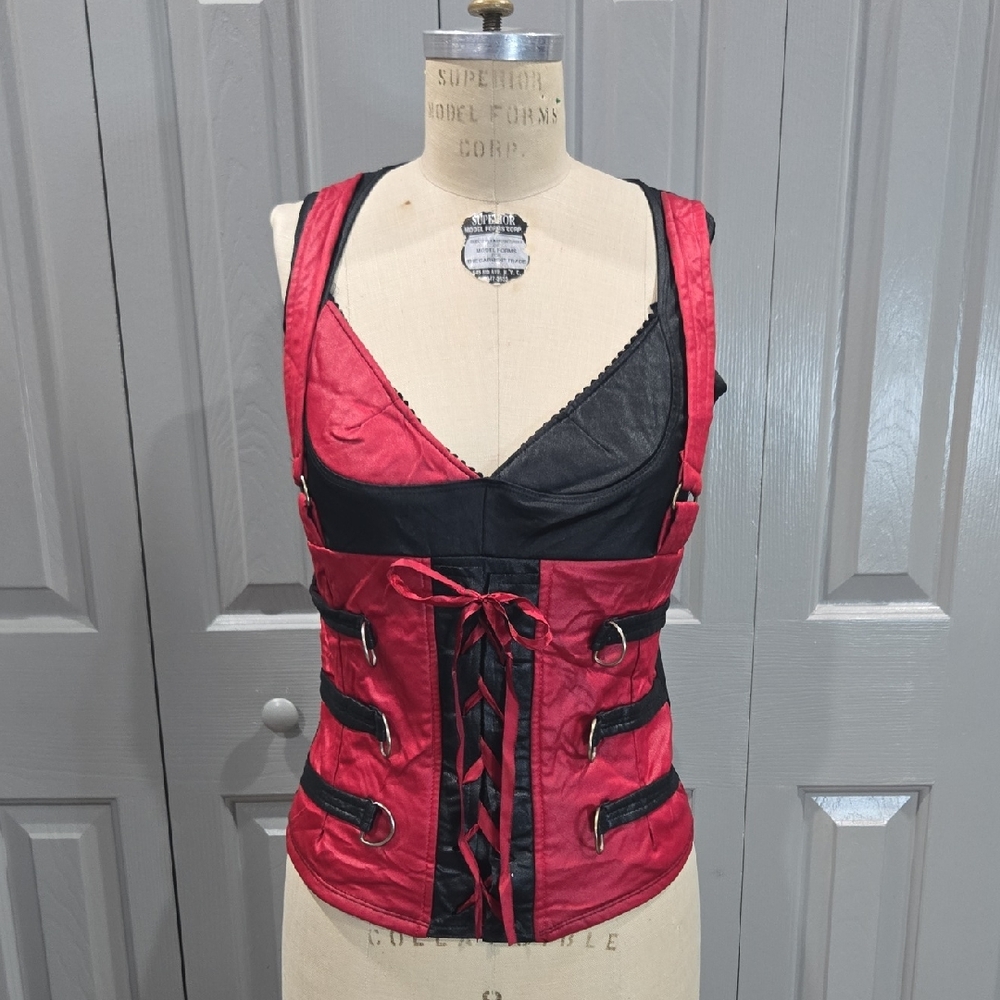 HARLEY QUINN RED AND BLACK FAUX CORSET SIZE MEDIUM